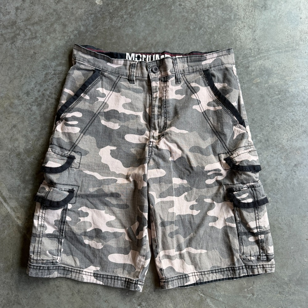 Y2K Monument Camo Ripstop Cargo Tactical Baggy Shorts Skater Grunge Mens 30x11